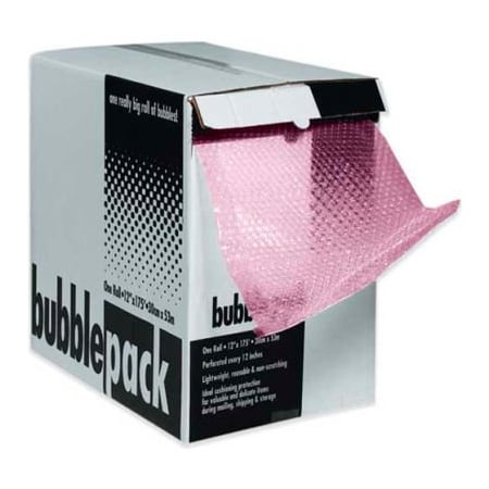 The Packaging Wholesalers Perforated Anti Static Bubble Roll W/Dispenser, 24"W x 65'L x 1/2" Thick, Pink CBD1224AS